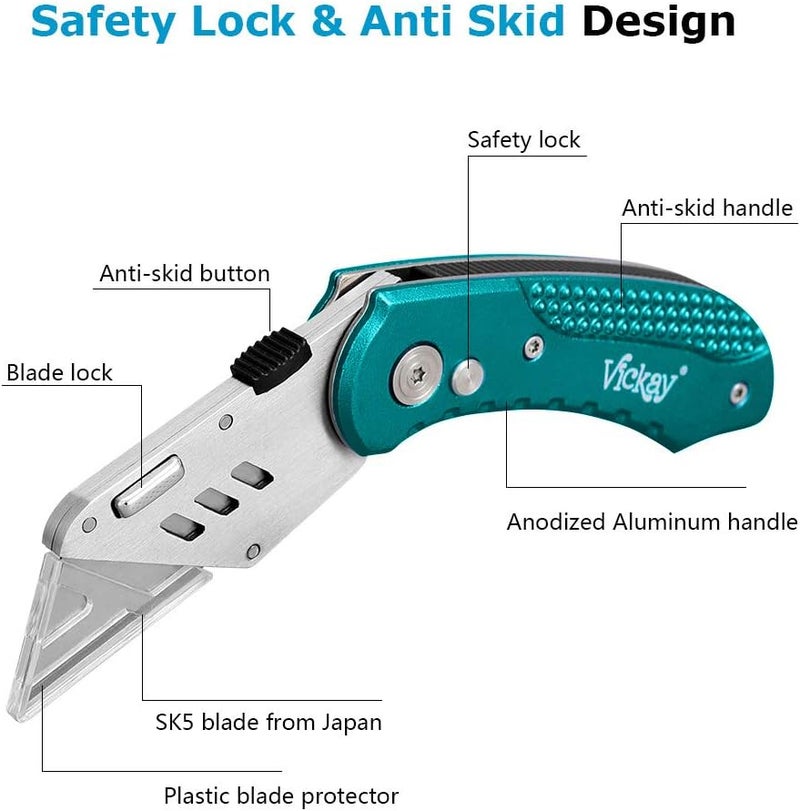 Vickay Box Cutter Knife Utility Knife with 5 SK5 Quick Change Blades, Safety Axis Lock Design Razor Knife, Lightweight Aluminum Body Belt Clip for Office - Image 2